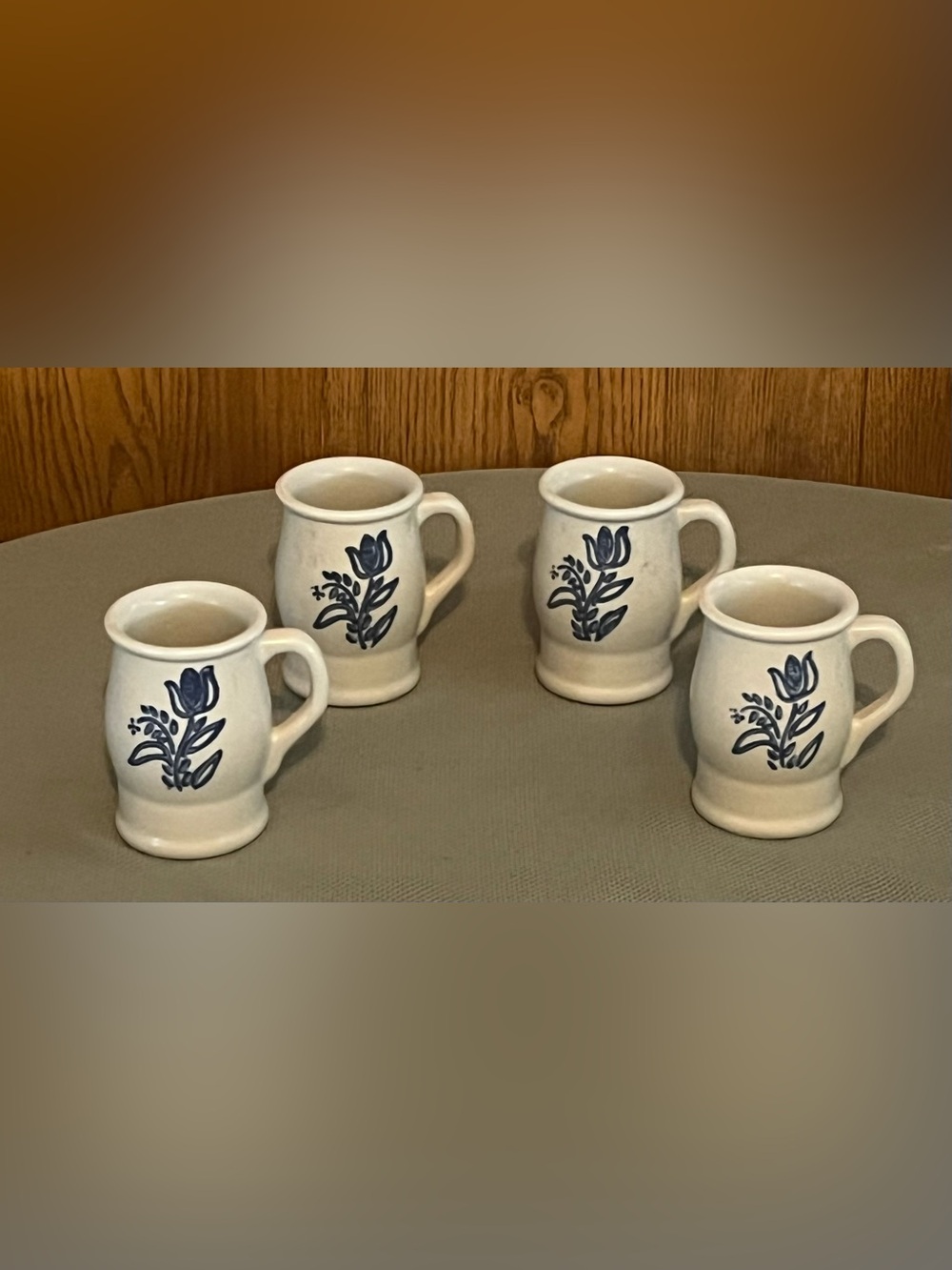 (4) Cream Ceramic Mugs with Blue Tulip